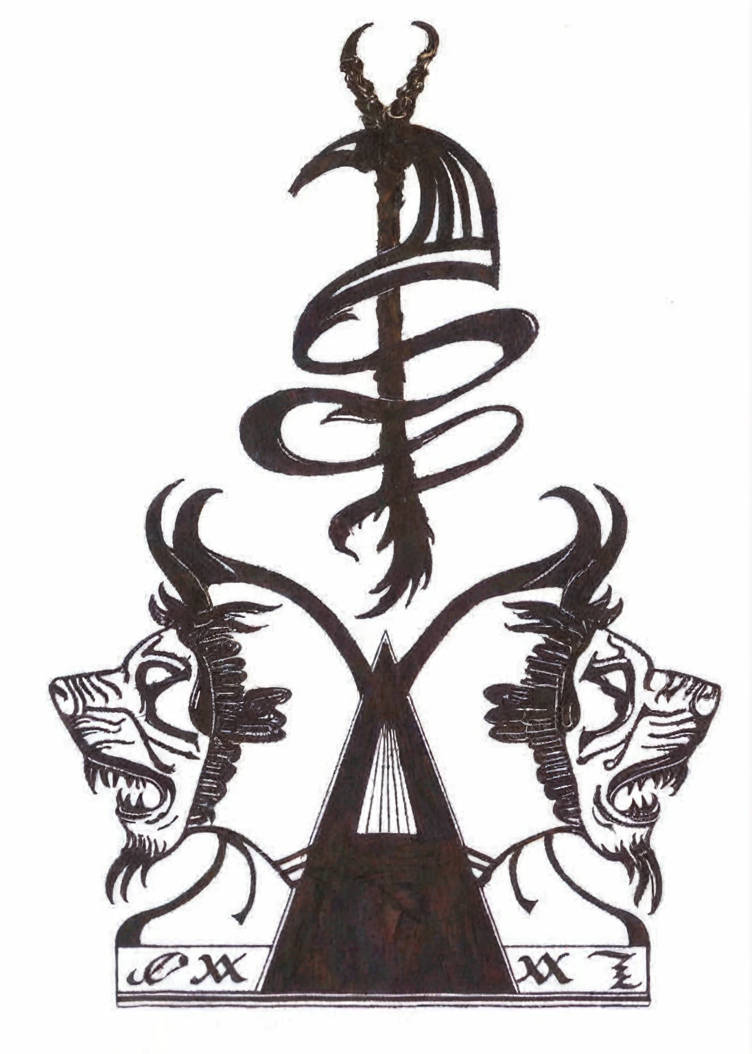 n impressionist symbolist masterpiece of a crooked wand, made from a twisted branch of Crooked Willow (Salix Tortuosa), bark removed, smooth undulating branch, naturally serpentine form, embodying ophidian energies of ancient lore, (weight:0.9), forked end resembling serpent tongue, intricate letters of the Sacred Alphabet, Sigils engraved and burned into surface, (weight:1.0), Sign of an Ever-open Eye burnt at the meeting place of forked ends, symbolizing eternal vigilance and mystical insight, (weight:0.8), handle adorned with peacock feathers, tied to imitate a majestic mane, flowing along the back of the wand, spread out evenly, (weight:1.0), dark and mystical environment, infernal cosmic glow, fiery lighting, swirling cosmic elements, dramatic, otherworldly backdrop, (weight:0.7), floating above a human skull with glowing eyes, ancient power, mysterious beauty, (weight:0.9), rich background with deep shadows, vibrant otherworldly colors, intricate details, profound symbolism of magical artifact, (weight:1.0)