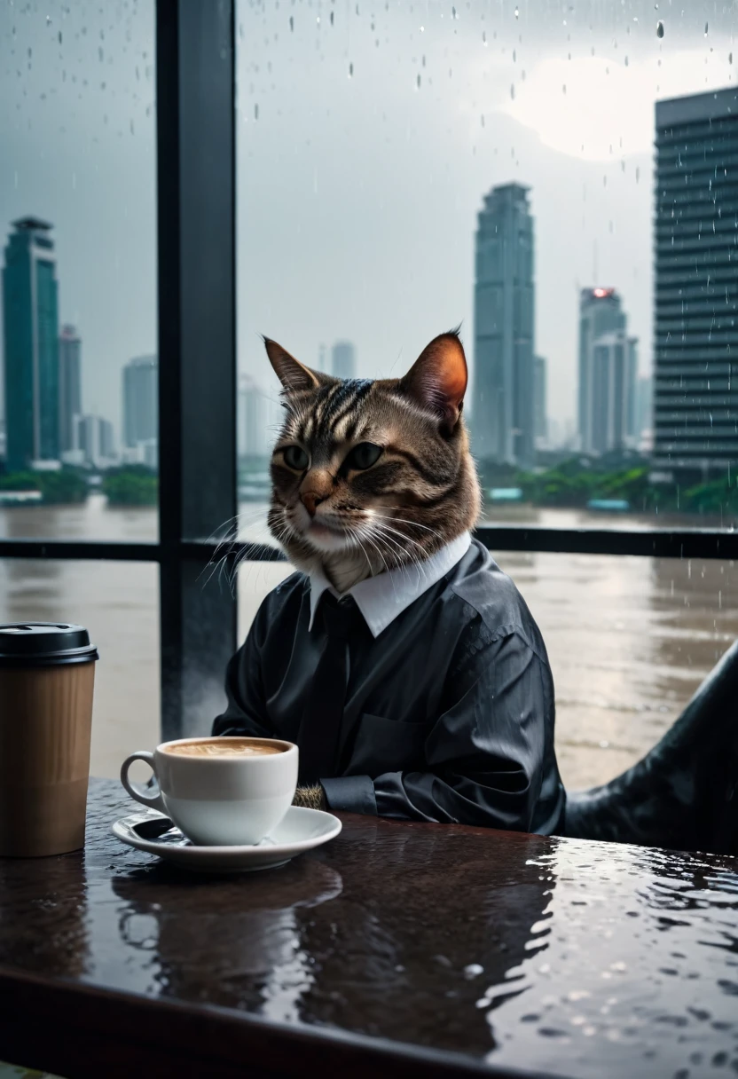 a drunk cat in long sleeve shirt chill out at the office building  , coffee on the table , look out of the windows , raining day , cinematic shot , Bangkok river background , dark theme , mood and tone , light and shadow , realistic , 4k