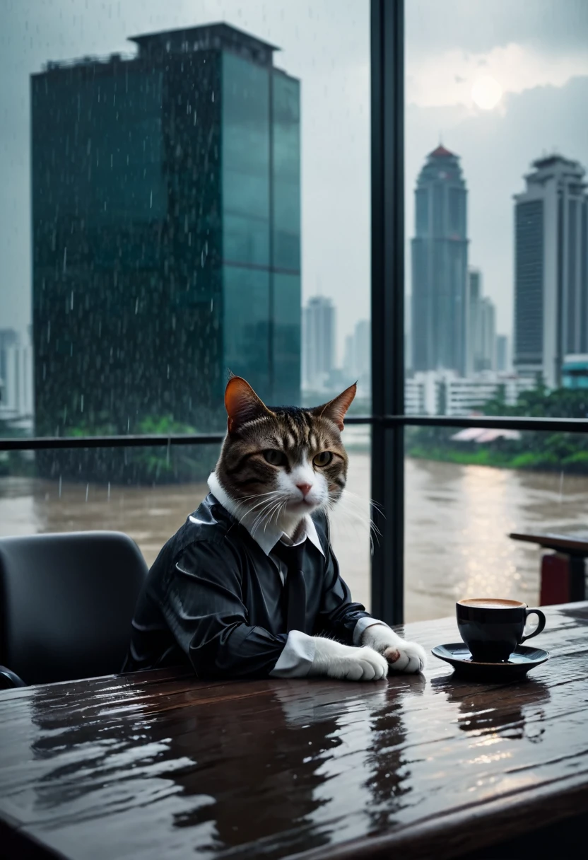 a drunk cat in long sleeve shirt chill out at the office building  , coffee on the table , look out of the windows , raining day , cinematic shot , Bangkok river background , dark theme , mood and tone , light and shadow , realistic , 4k