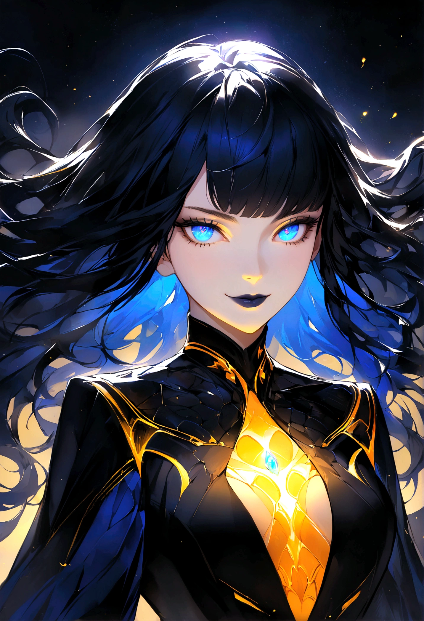 digital painting, we see a mysterious woman with glowing blue eyes wearing a sleek black jacket. The intensity of her gaze captivates the viewer, giving her an otherworldly and enigmatic aura. The dark background enhances the striking contrast of her radiant eyes, creating a sense of intrigue and mystique. The image exudes a sense of futuristic and space-like vibes, as if the woman is a traveler from another planet. The cool color palette of blues and blacks adds to the overall atmospheric and captivating nature of the composition. Short black hair with straight cut bangs. Yellow glowing eyes, smirk, dark lipstick