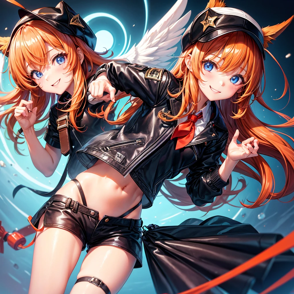 Elementary school girl,smile,Best Quality,model,8K,Highest quality,cute,fluffy,Angel,Long Hair,She has her bangs down,double eyelid,leather jacket,blue eyes,美しいcute女の子,Horny girl,Red leather shorts,Orange hair color,Hands in pockets,Two Girls,Latest Fashion,Girl, girl,