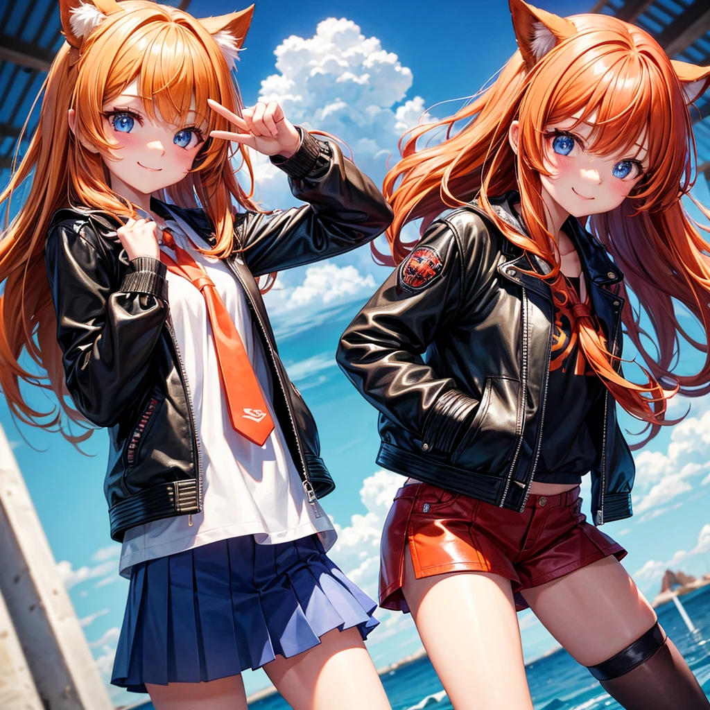 Elementary school girl，smile，Best Quality，model，8K，Highest quality，cute，fluffy，Angel，Long Hair，She has her bangs down，double eyelid，leather jacket，blue eyes，美しいcute女の子，Horny girl，Red leather shorts，Orange hair color，Hands in pockets，Two Girls，Latest Fashion，Girl，Loli girl，