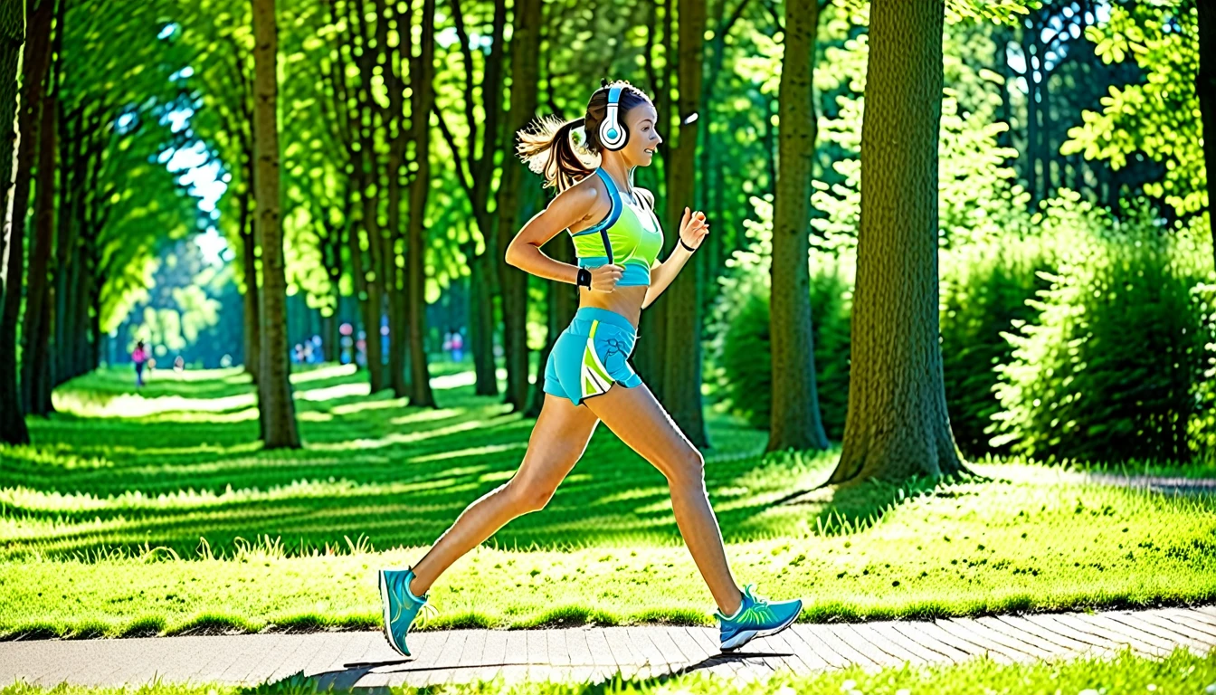 A photographic scene of a sports girl jogging with headphones in a summer park, wearing a bright athletic outfit and running shoes, with lush green trees and a clear blue sky in the background. Warm sunlight filters through the trees, casting dynamic shadows. Action shot, slightly from the side. Created Using: DSLR camera, sports photography techniques, vibrant colors, natural light, wide-angle lens, outdoor scenery, motion blur, high resolution