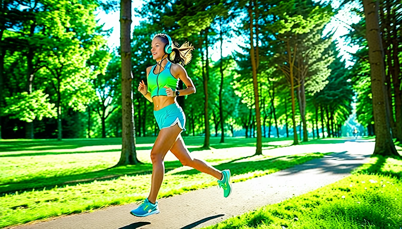 A photographic scene of a sports girl jogging with headphones in a summer park, wearing a bright athletic outfit and running shoes, with lush green trees and a clear blue sky in the background. Warm sunlight filters through the trees, casting dynamic shadows. Action shot, slightly from the side. Created Using: DSLR camera, sports photography techniques, vibrant colors, natural light, wide-angle lens, outdoor scenery, motion blur, high resolution