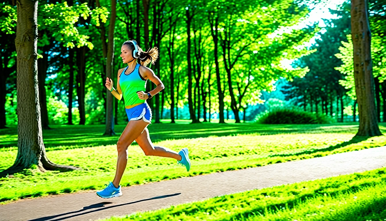 A photographic scene of a sports girl jogging with headphones in a summer park, wearing a bright athletic outfit and running shoes, with lush green trees and a clear blue sky in the background. Warm sunlight filters through the trees, casting dynamic shadows. Action shot, slightly from the side. Created Using: DSLR camera, sports photography techniques, vibrant colors, natural light, wide-angle lens, outdoor scenery, motion blur, high resolution