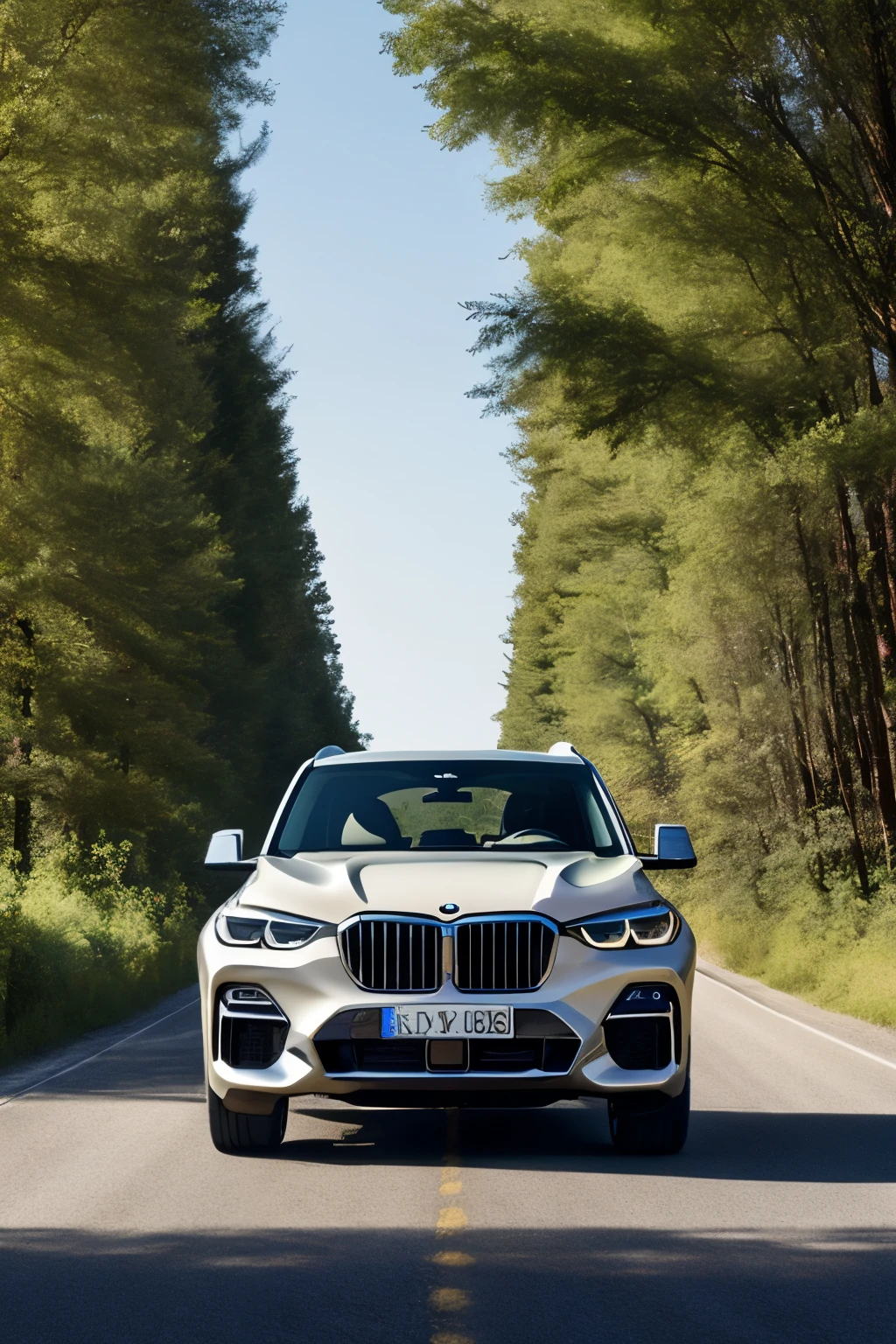 Illustration of a 2023 BMW X5 on a road through the forest and a big black horse next to it