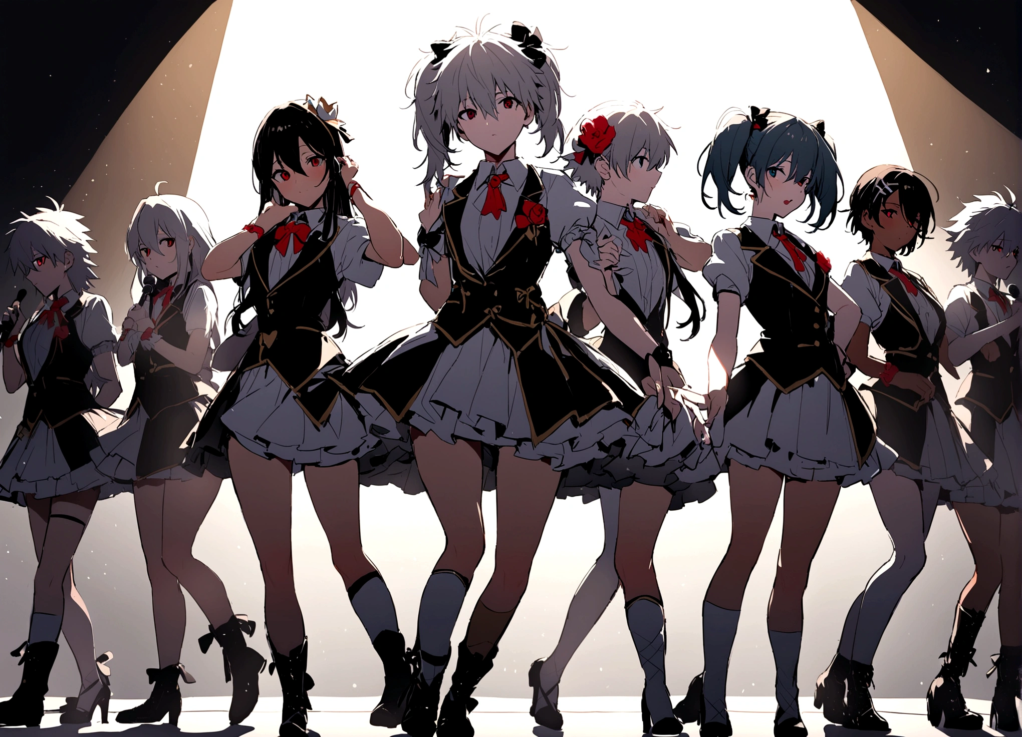 masterpiece, best quality, extremely detailed, evangelion kaworu nagisa, kaworu nagisa, genderbend, girl, seductive, hot, cute, idol, strong shining aura, cute idol clothes, alot of accessories, idol group member, (center, in middle, spotlight only kaworu), on stage, the prettiest member, multiple members, other ugly members, overshadowing other members