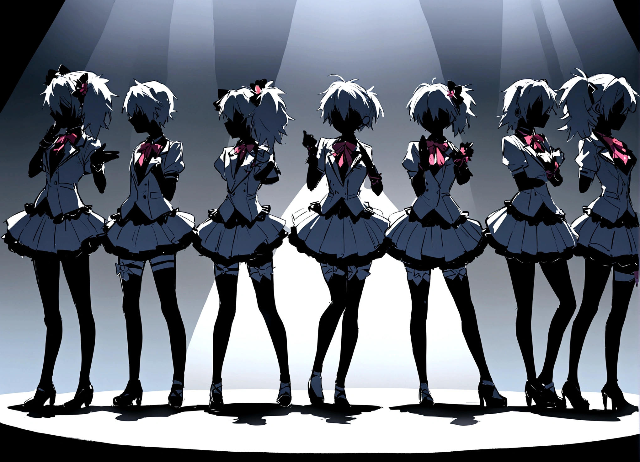 masterpiece, best quality, extremely detailed, evangelion kaworu nagisa, kaworu nagisa, genderbend, girl, seductive, hot, cute, idol, strong shining aura, cute idol clothes, alot of accessories, idol group member, (center, in middle, spotlight only kaworu), on stage, the prettiest member, multiple members, other ugly members, overshadowing other members