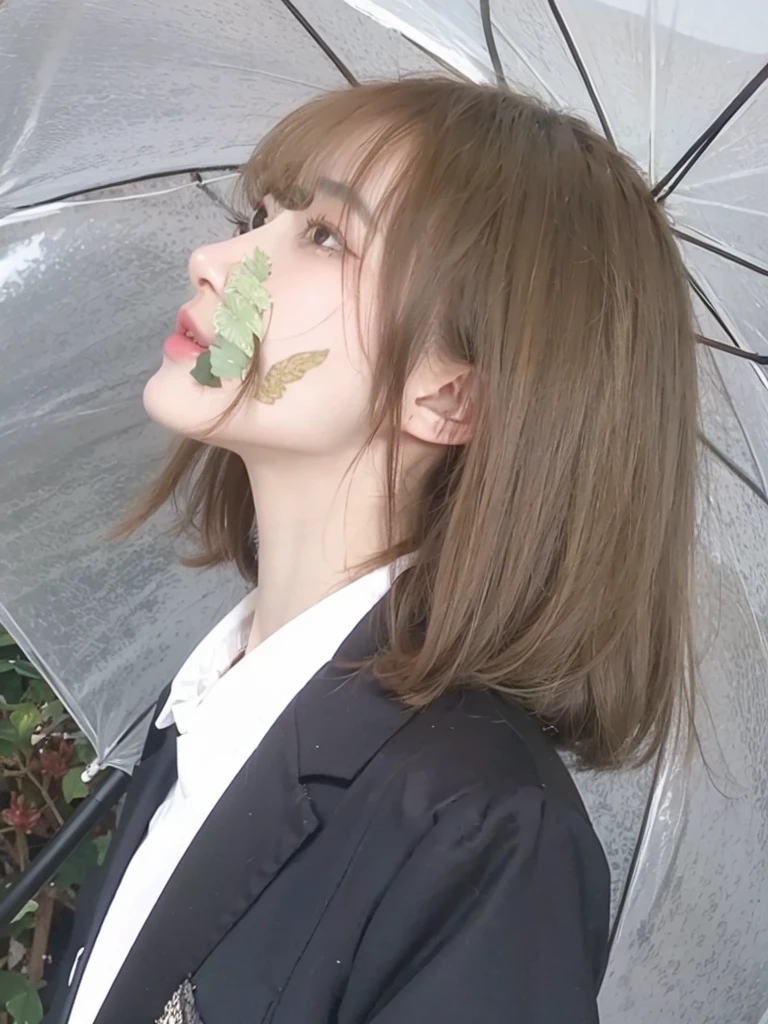 Milk tea gold short hair,Background umbrella