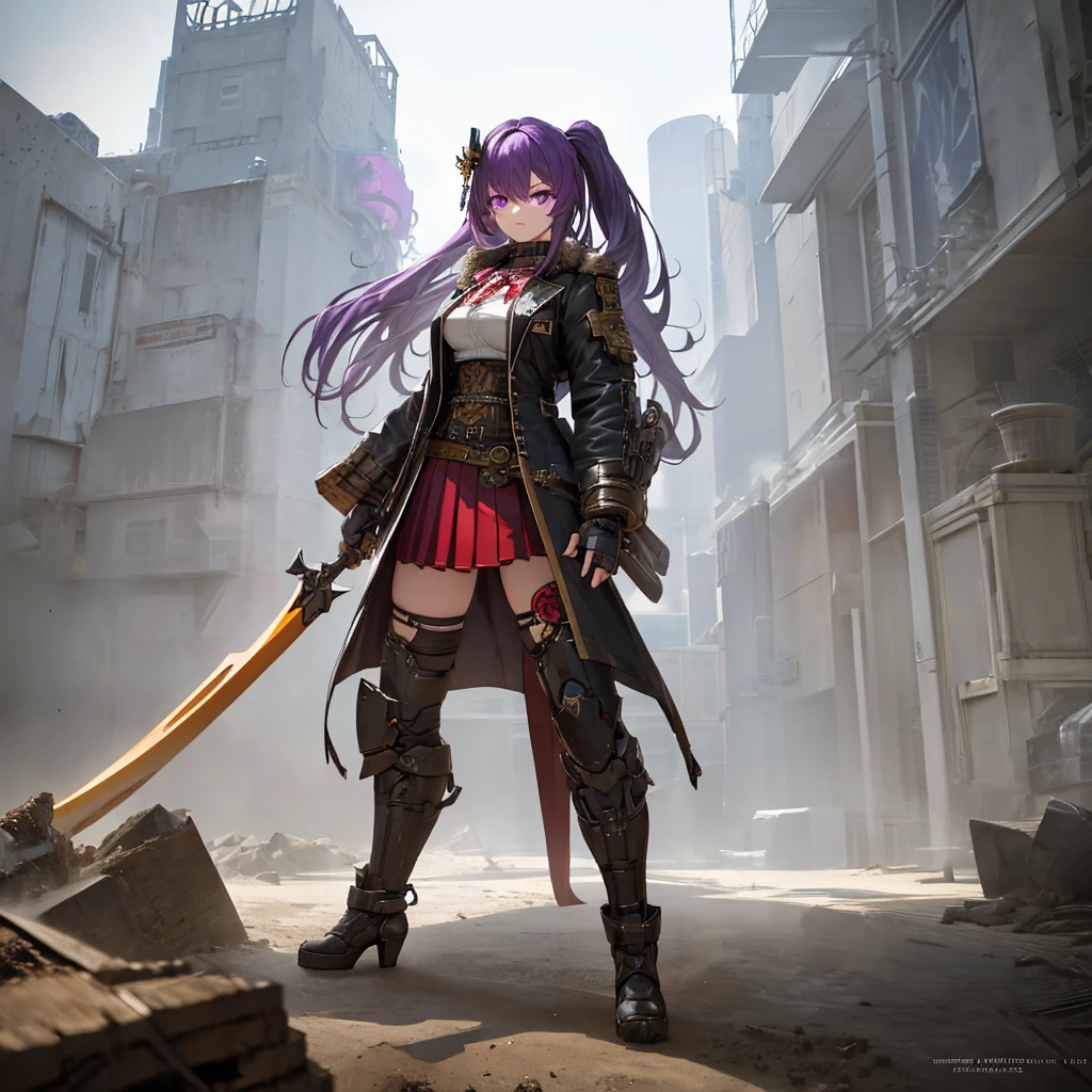 (Tabletop, Highest quality), (perfect athletic body:1.2), (Thin Hair), Very detailed,Detailed face,Perfect Face, Precise detailing,whole body, Steampunk Samurai Girl, high school student,Red tattoo on thigh,blackいセーラー服（cyberpunk mask、black,Jacket,Dock Tags,Pleated skirt）,18-year-old,Long Hairstyles, Purple eyes, Wield a giant sword, Standing in the Wilderness, Spillover,Destroyed wall,Wear tech boots,High heels, Equip the Gauntlet（Five Fingers,Detailed depiction of fingers,Basketball Hand,Draw with your fingertips）,8K high resolution, Trend Art Station, Standing in the Wilderness, Strike a Pose
