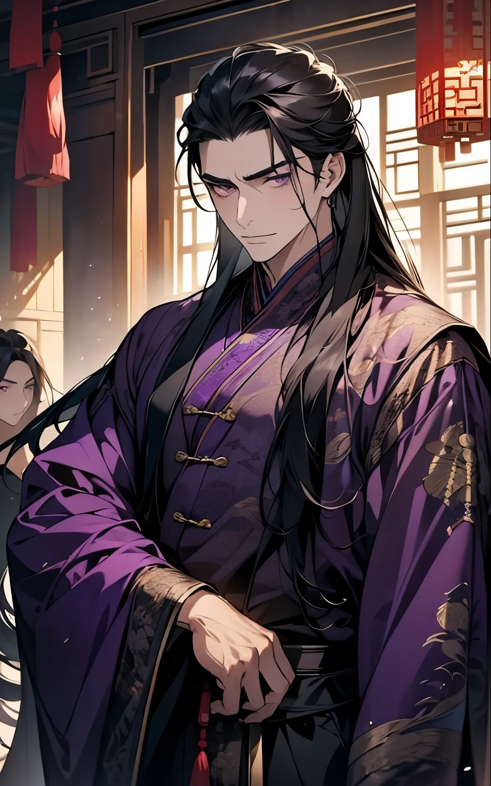 1 middle-aged man, (45 years old), long black hair, violet eyes, chinese clothes, (!PURPLE! clothes), available at purple chinese room