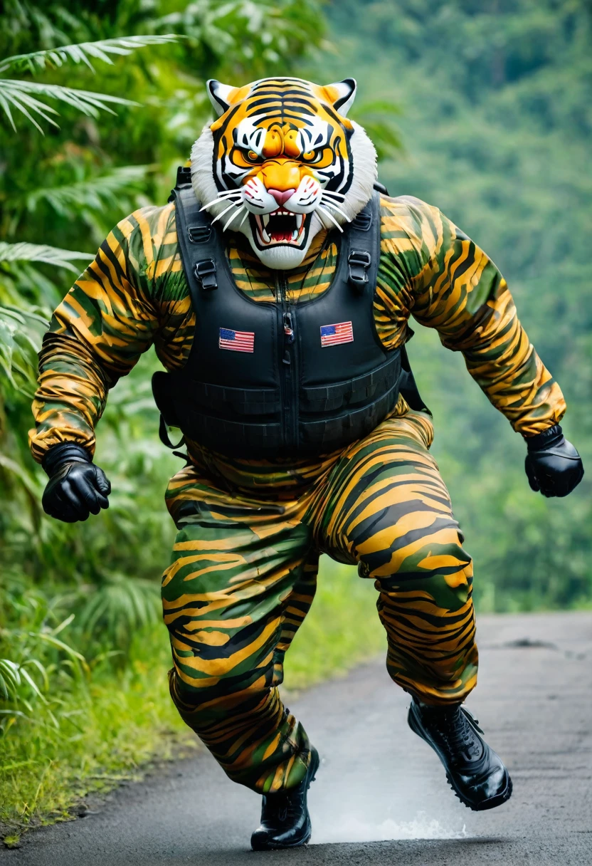 (a dark-skinned fat muscular old man in a bulky army camouflage zipper diver suit) running and shooting with a rifle, (wearing realistic roaring siberian tiger mask), muscular, Bruce Onobrakpeya, sumatraism, stanley artgermm, action, heroic, fierce, snarling