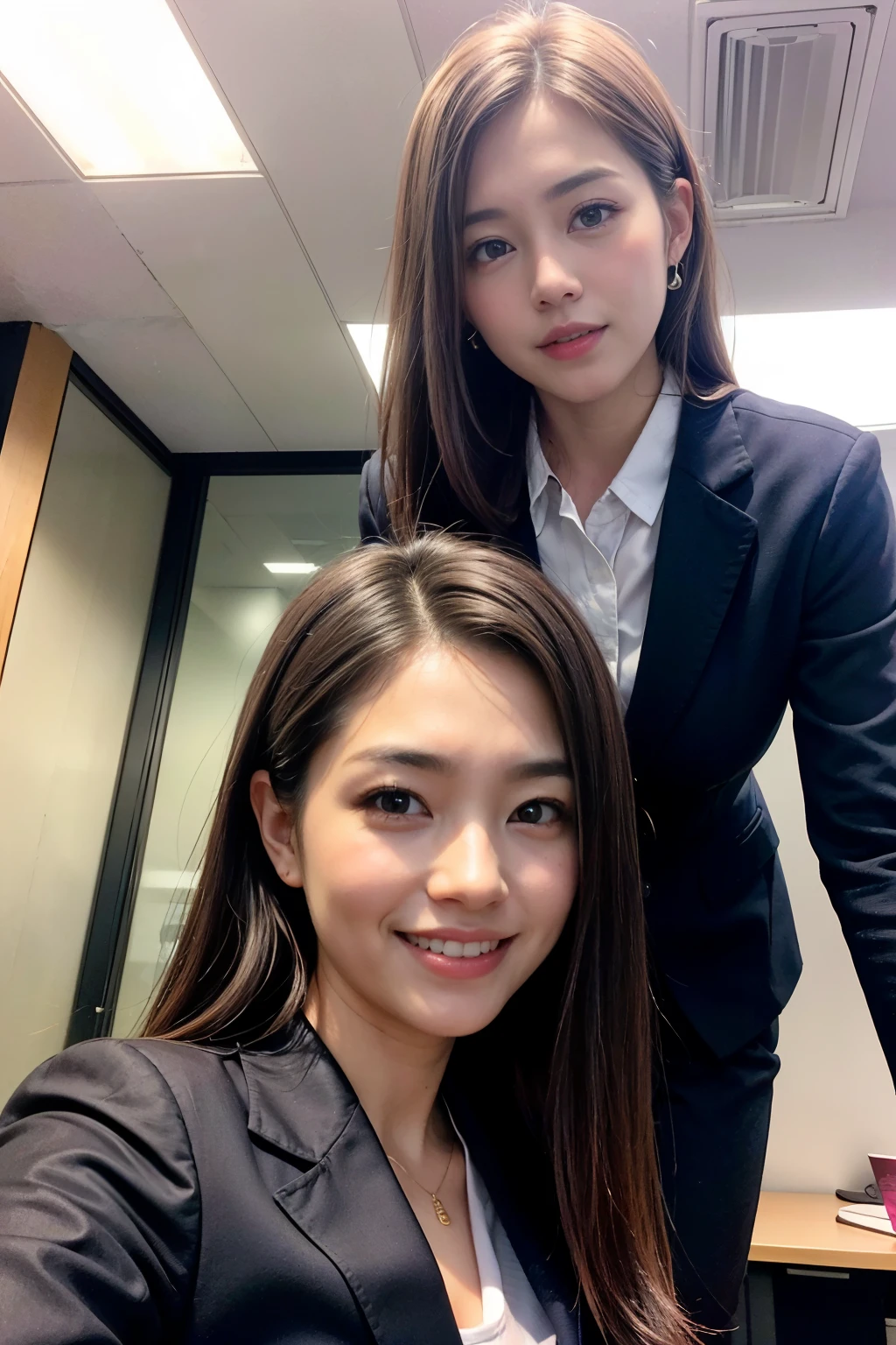 8K, RAW Portrait (Japanese women),masterpiece、Realistic:1.3、Realistic, Ultra-high resolution, Highest quality, Real Life Photos ,( in the evening :1.1),(smile:1.2)、
((((2 women:1.5)))), (Cute face:1.3)、Japanese women,((office lady))、((本物のoffice lady))、((suit:1.6))、 Long Hair,,Slender body,、In the room、
big, beautiful, fine grain, Black Hair,(Written boundary depth:1.3)、 ((Dark brown eyes:1.2))、(Realistic skin texture:1.3)、(Immersive atmosphere:0.8、Chiaroscuro:1.2) 、(Look Viewer:1.3)、((From belowの天井:1.2))、(smile:1.2)、((From below:1.15))、the most beautiful woman in the world、the most beautiful woman in the world、((moving composition))