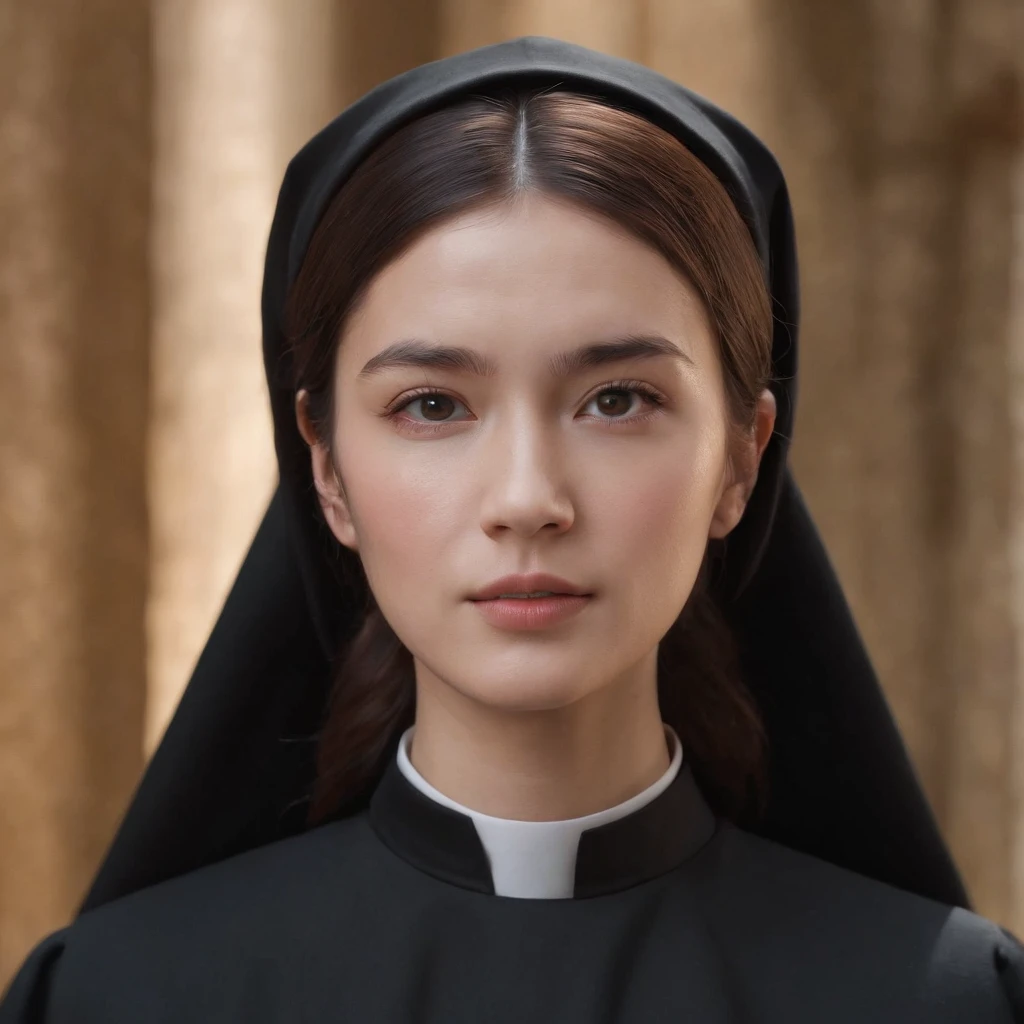 (16k, Raw Photo, Highest Quality, Masterpiece 1.2) Professional Photo, (Photorealistic 1.2), Retile, ((Ultra Detailed Skin Texture 1.2)), Anatomically Correct, Cinematic Aesthetics, Cinematic Lighting, Realistic Lighting, High Detail, Full Body Photo, Beautiful young Japanese woman, Christian nun, (Black Nun's Uniform 1.1), A determined expression on her face, ready to give up everything, starting today in a strict convent, The location is a strict English Christian convent.
