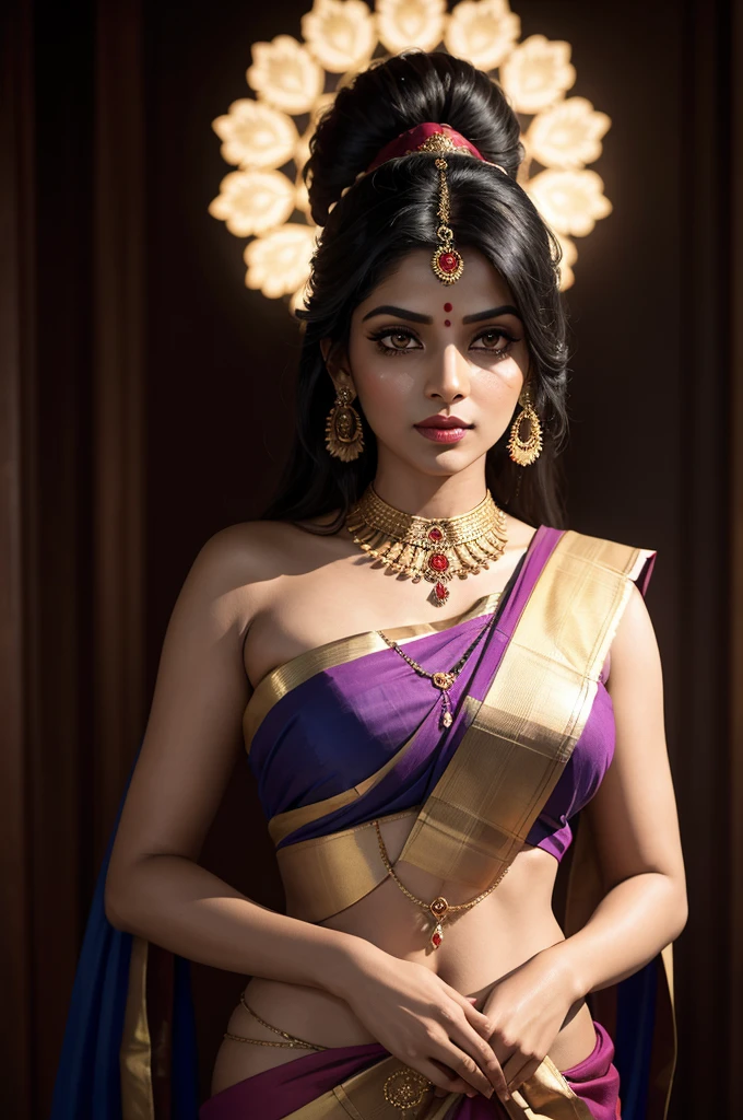 A captivating visual representation of an Indian political figure, donning a traditional saree, adorned with the vibrant hues of her culture. With a 38-inch bust and longer black hair cascading down her back, the radiant woman stands out against the political scene. Her eyes, accentuated by the traditional kajal, exude an irresistible allure. The dimly lit room, draped in shadows, creates a Dutch angle, hinting at the intrigue and mystery surrounding her role in Indian politics. The image, rendered in 8k UHD resolution, captures every detail of her elegant features, from the delicate curves of her body to the intricate weaves