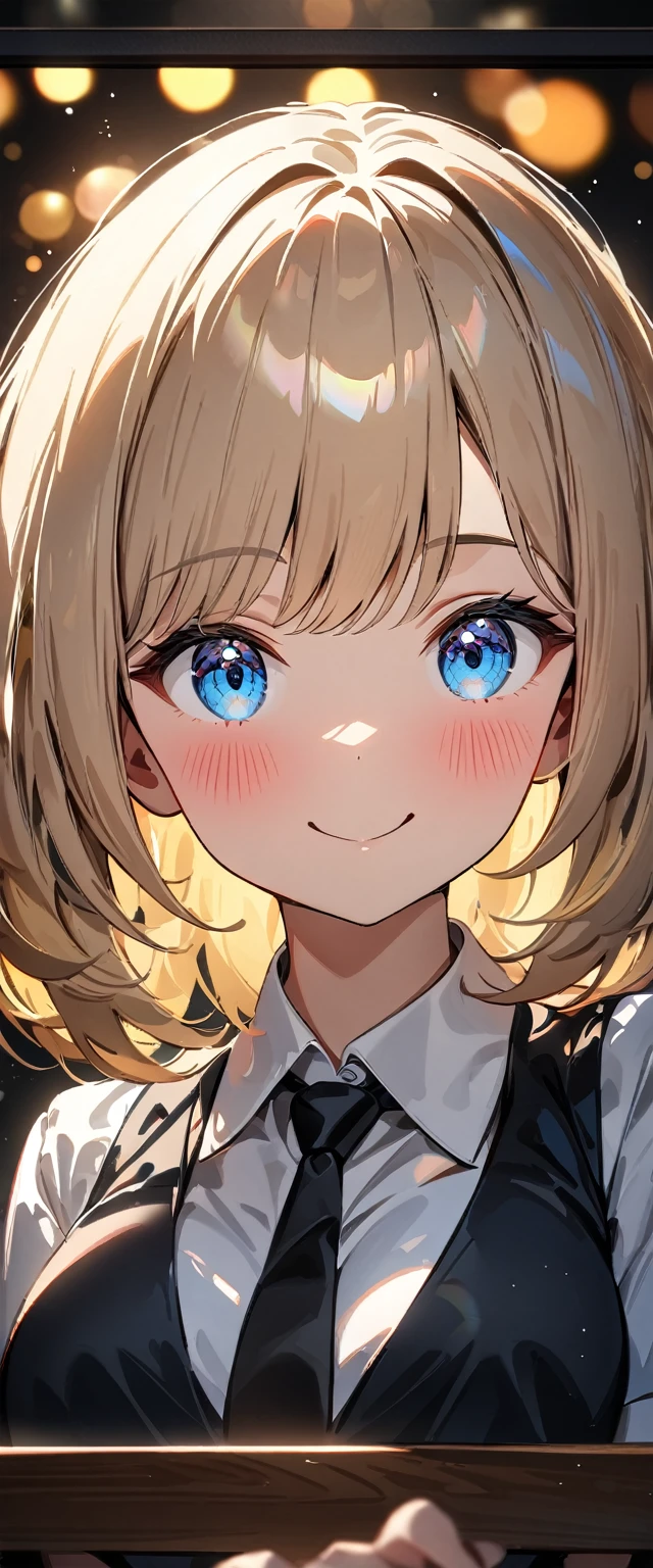 (((One girl))), blond hair, bob cut, (cowboy shot), (looking at viewer), face in focus, breasts, ager, head tilt:1.3, (((blue eye))), ((happy smile)), ((blush)), school summer uniform, white shirts, ((black tie)), black skirt, black waistcoat, anime style, (best quality, 4k, 8k, highres, masterpiece:1.2, ultra-detailed, ultra-detailed eyes, HDR, UHD, studio lighting, ultra-fine painting, sharp focus, physically-based rendering, extreme detail description, professional, vivid colors, bokeh)