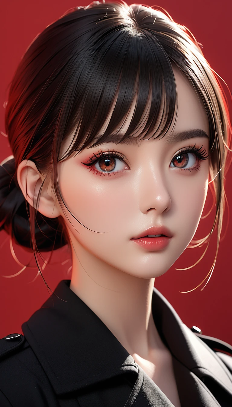 (masterpiece，high quality，8K).beautiful girl，Skin details，Bright Eyes，Thick eyelashes，Unique，Staring at the audience），（Black trench coat set：1.37，）。Light and Shadow，Clean and simple red background