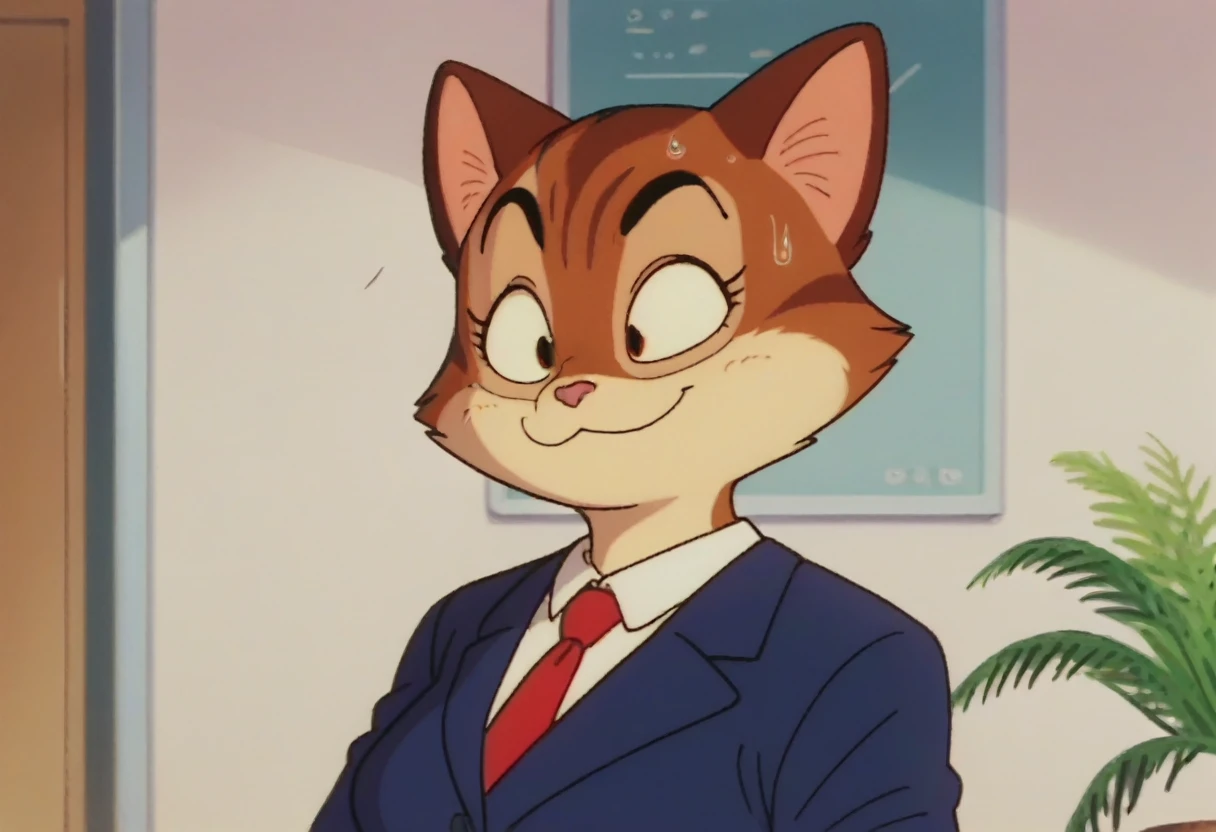 anime screencap,drgbls1, solo,anthro cat, female,score_9, score_8_up, score_7_up, score_6_up.smile, upper body, business suit, office, 
