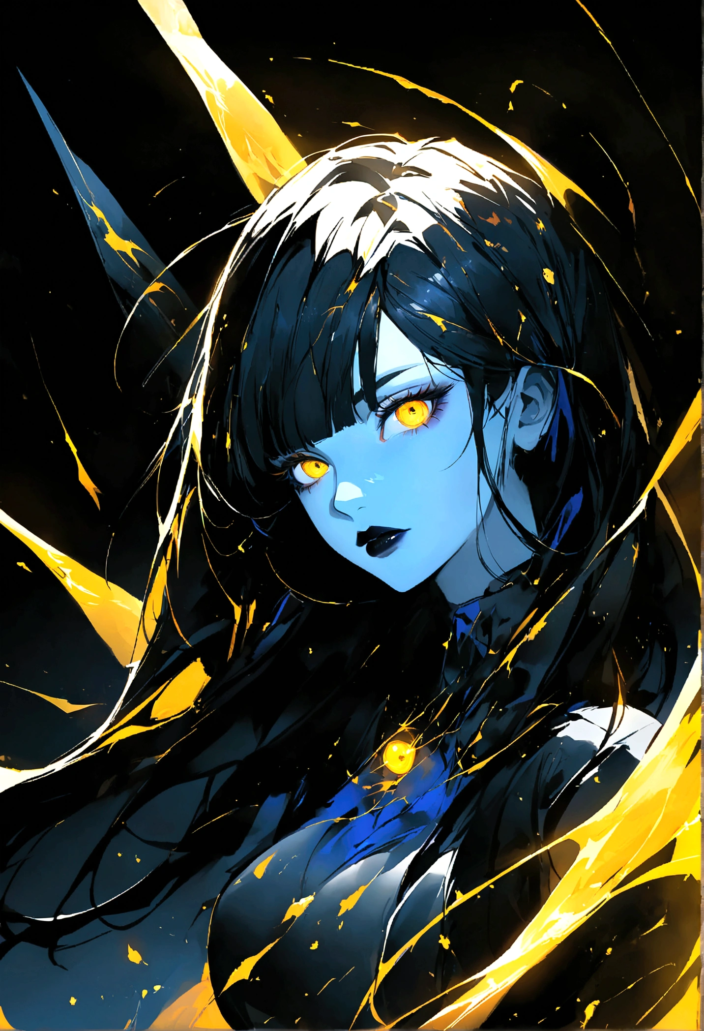 digital painting, we see a mysterious woman with glowing yellow eyes wearing a sleek black jacket. The intensity of her gaze captivates the viewer, giving her an otherworldly and enigmatic aura. The dark background enhances the striking contrast of her radiant eyes, creating a sense of intrigue and mystique. The image exudes a sense of futuristic and space-like vibes, as if the woman is a traveler from another planet. The cool color palette of blues and blacks adds to the overall atmospheric and captivating nature of the composition. Short black hair with straight cut bangs, dark lipstick, Blue skin