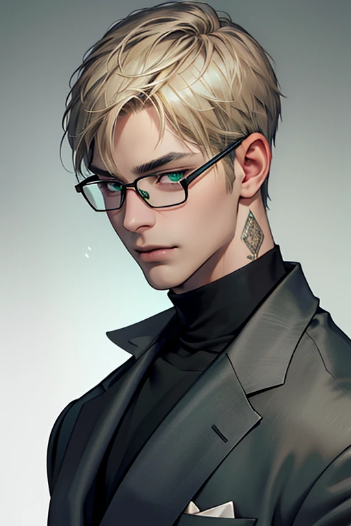 A handsome man, gentle expression, dark green eyes, ash blonde korean short hair, black eyeglasses, intricate details, silver suit, black turtleneck, half body shot, party background