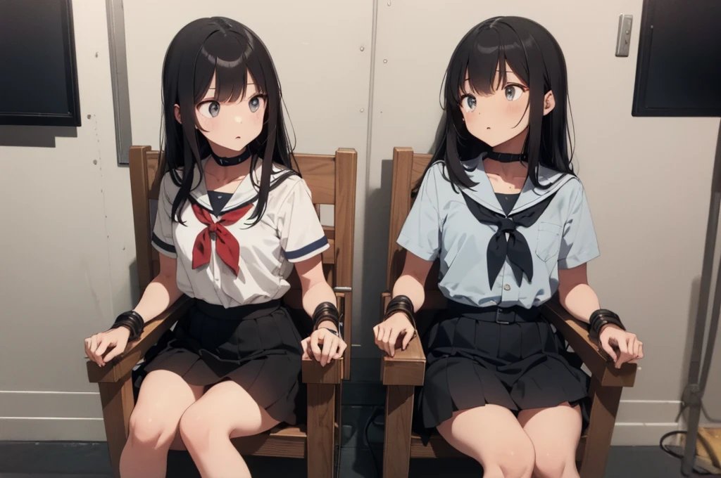 2 girls, ((squeezed together, inside tiny cube, strapped to chairs)), (sitting:1.5), (bondage chair:1.5), (inside torture room:1.5), ((basement, metal room)), (((3 girls, group of girls))), (inside tiny cube, tightly packed), arms to sides , wrist cuffs, ankle cuffs, (((shocked expression, struggling))), ((short sleeve,  sailor uniform, mini skirt, tight clohing)), arms to sides, long hair, dark hair, saphire eyes, perfect body, perfect face, detailed face, (((detailed eyes)))