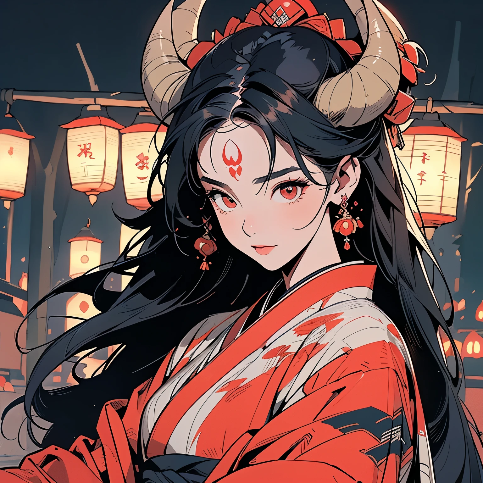 ultra complicated kimono, perfect kimono, detailed kimono, masterpiece, ultra complicated, torii gate, night view, forest, lake, one woman, perfect face, lantern, faint lighting, mysterious, (((head shot))), ultra detailed hair, sparkling eyes, mysterious, colorful sash, wind blowing,panorama, long shot, ultra complicated background, (((demon beauty woman))), red eyes, (((ultra complicated perfect long devil horns))), (((ultra complicated large perfect twisted horns))), 32k, Various angles, various poses, (((weapon in hand))),(((Perfect and detailed fox spirit))),(((Sanskrit characters on the forehead)))