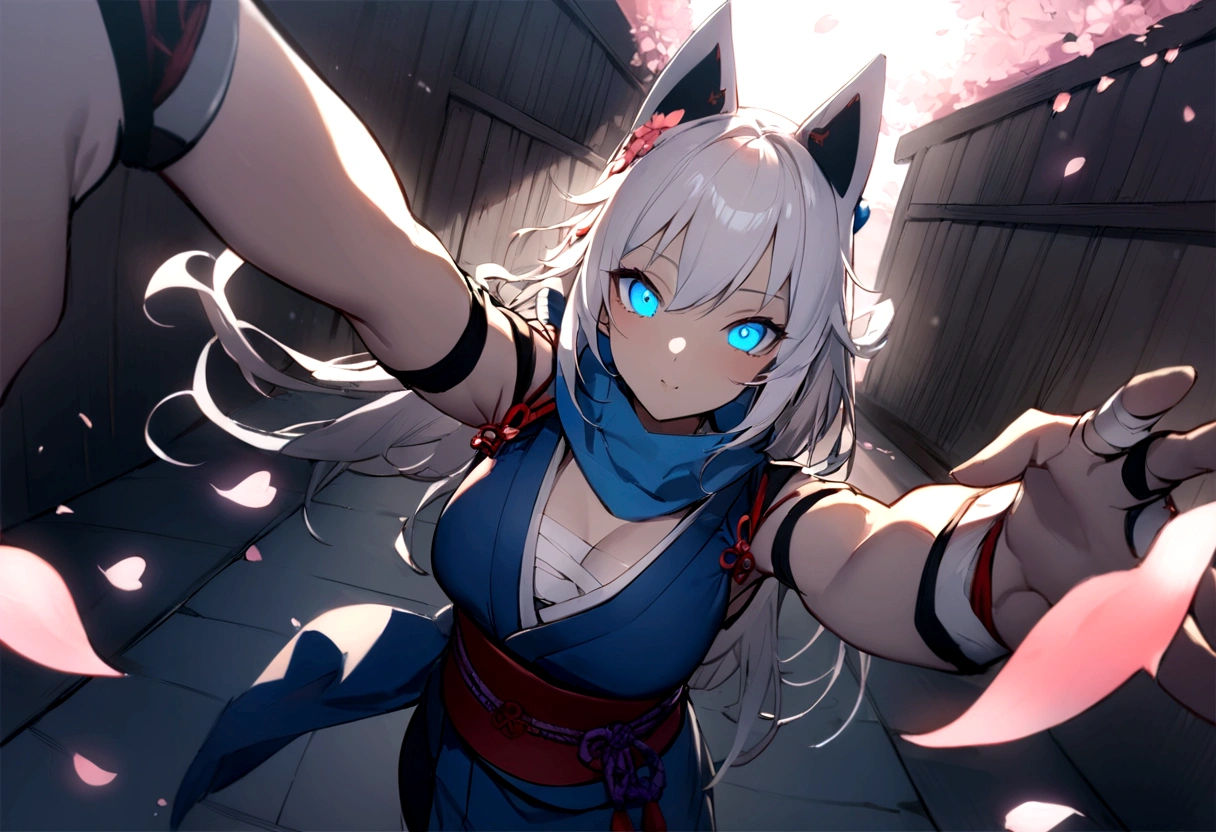 No sleeve、Bleaching、(masterpiece, best quality:1.2), 1girl, 独奏,Wolf girl, fox mask, ninja, girl, white hair, odd eyes, blue kimono, ninja girl, red and blue scarf,Dancing Cherry Blossoms, fantastic atmosphere.night、Shadows of light and darkness、Eyes glowing in the dark、Black fox mask、Fisheye Lens、hair、Bandage on chest、boy、Black fox mask、