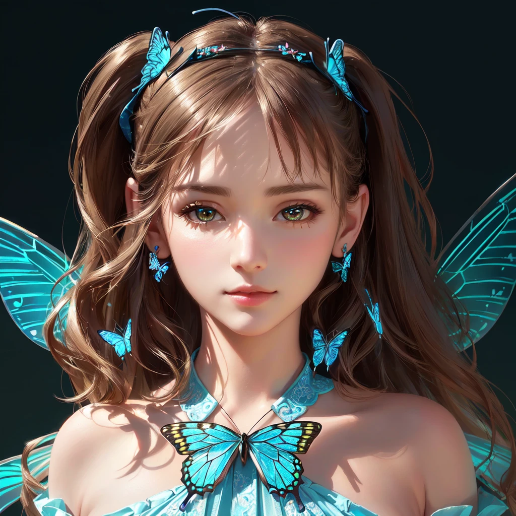 wearing butterfly decoration, butterfly decor, butterfly earring, butterfly hairband, beautiful fairy, beautiful fairy portrait, fantasy concept,pretty girl face,photo realism, cinematic rendering, ray tracing, highest quality, highest detail, Cinematic,8K, Ultra-HD, Natural Lighting,