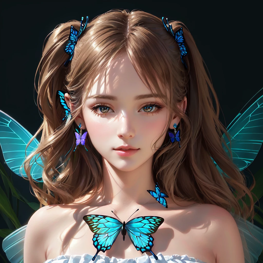wearing butterfly decoration, butterfly decor, butterfly earring, butterfly hairband, beautiful fairy, beautiful fairy portrait, fantasy concept,pretty girl face,photo realism, cinematic rendering, ray tracing, highest quality, highest detail, Cinematic,8K, Ultra-HD, Natural Lighting,
