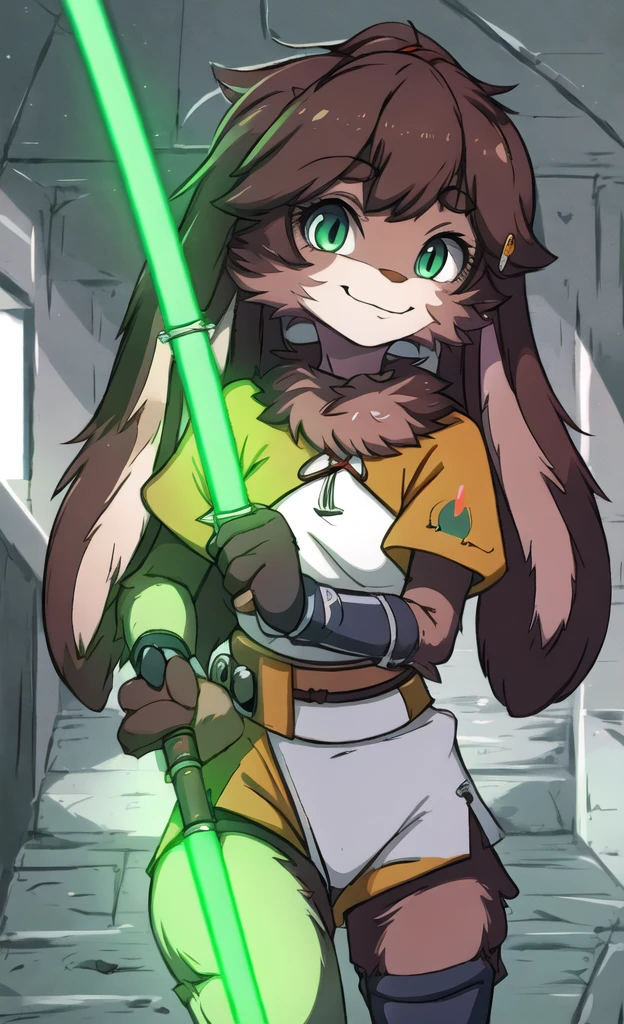 (masterpiece, best quality: 1.2), solo, 1girl, Lop, smile, looking at the viewer, lightsaber, green lightsaber, realistic lightsaber