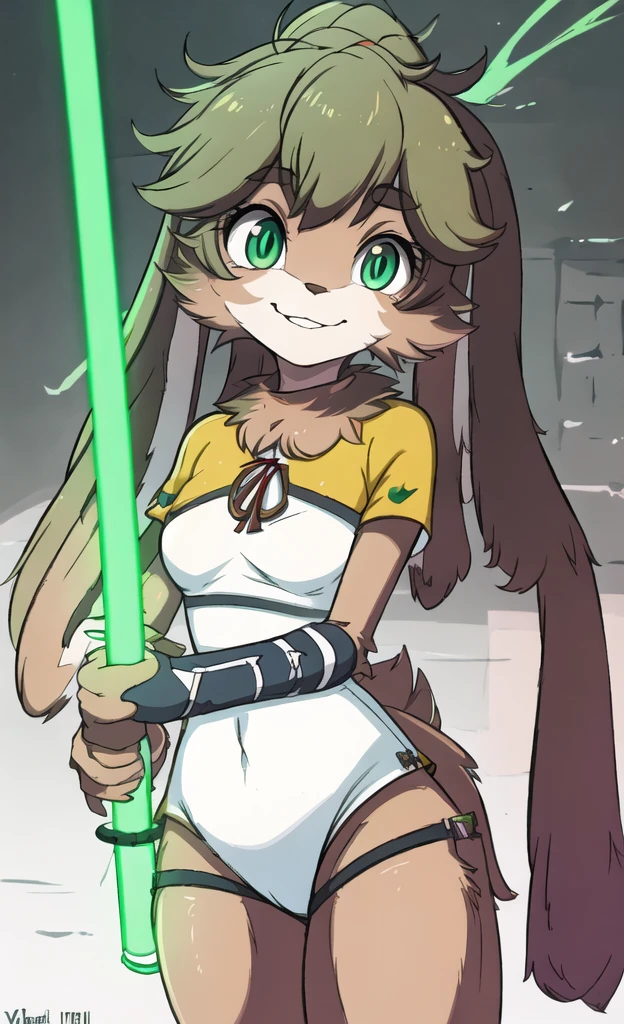 (masterpiece, best quality: 1.2), solo, 1girl, Lop, smile, looking at the viewer, lightsaber, green lightsaber, realistic lightsaber