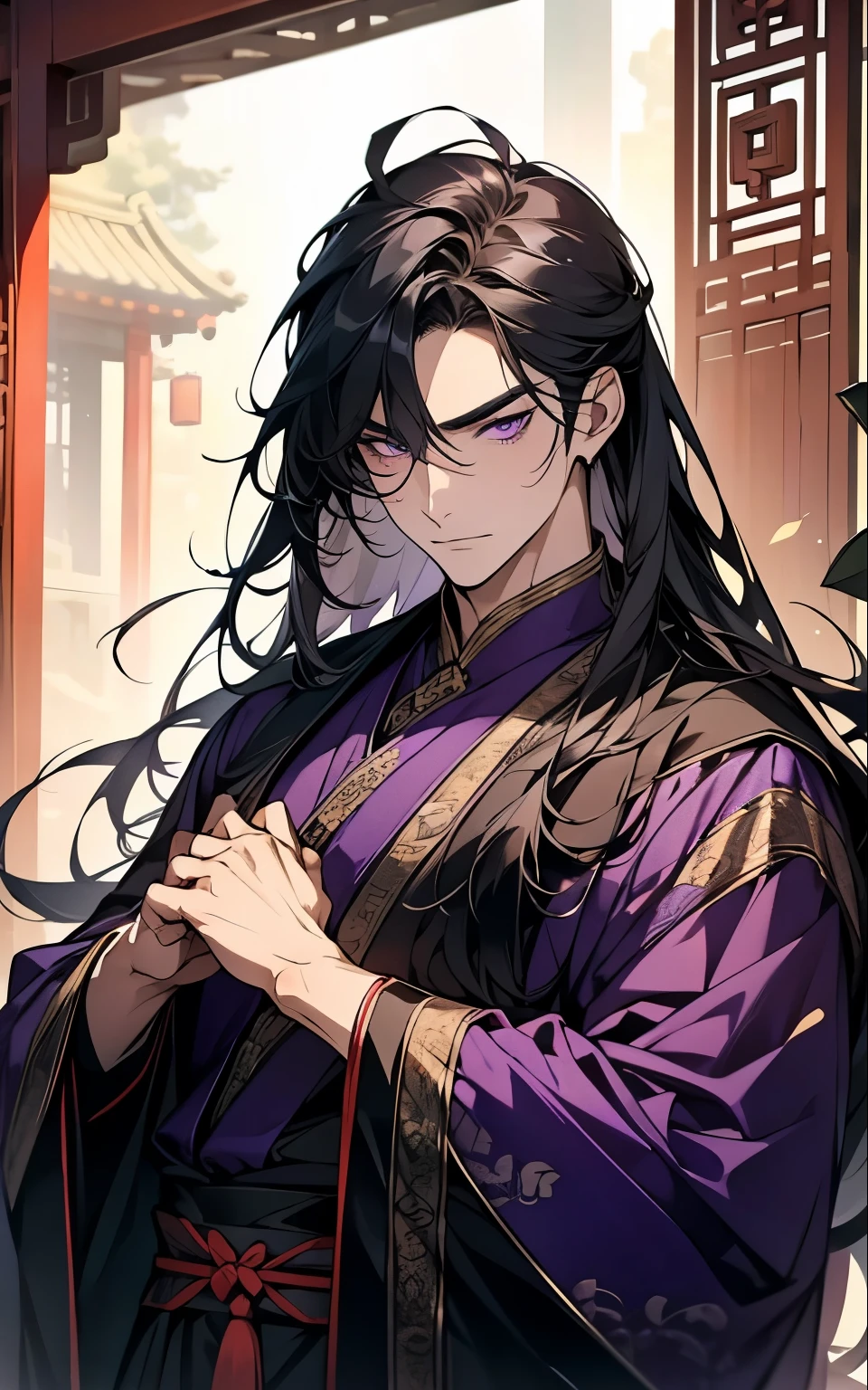 1 middle-aged man, (45 years old), long black hair, violet eyes, chinese clothes, (!PURPLE! clothes), available at purple chinese room