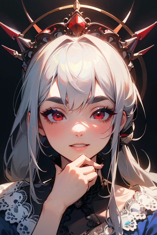 (Highest quality, masterpiece:1.2), (High resolution, 最高masterpiece).(difficult).Very detailed, Realistic:1.37, Fantasy, An illustration,Gray Hair、 Red eyes、Queen, Navy and blue dress、beautifully、Eyeshadow Red、Thick eyebrows、Long eyelashes、pupils are black、shiny on the lips、Top Sites、Queen、Princess、A kind smile、Show your teeth a little and smile、Soft impression、people々々々Loved by、Slimming the face、Shoulder Bare、ponytail、Kissing Face、Long white hair、Shaggy Bangs、Save face image、(Lace Underwear)