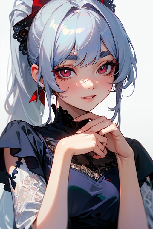 (Highest quality, masterpiece:1.2), (High resolution, 最高masterpiece).(difficult).Very detailed, Realistic:1.37, Fantasy, An illustration,Gray Hair、 Red eyes、Queen, Navy and blue dress、beautifully、Eyeshadow Red、Thick eyebrows、Long eyelashes、pupils are black、shiny on the lips、Top Sites、Queen、Princess、A kind smile、Show your teeth a little and smile、Soft impression、people々々々Loved by、Slimming the face、Shoulder Bare、ponytail、Kissing Face、Long white hair、Shaggy Bangs、Save face image、(Lace Underwear)