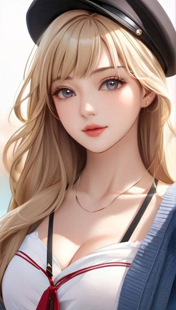 Leila、20-year-old、(Russian women)、(Cute face)、(Sexy features)、Grey Eyes、thick upper lip、Blonde medium-long hair、Large Breastodel Style