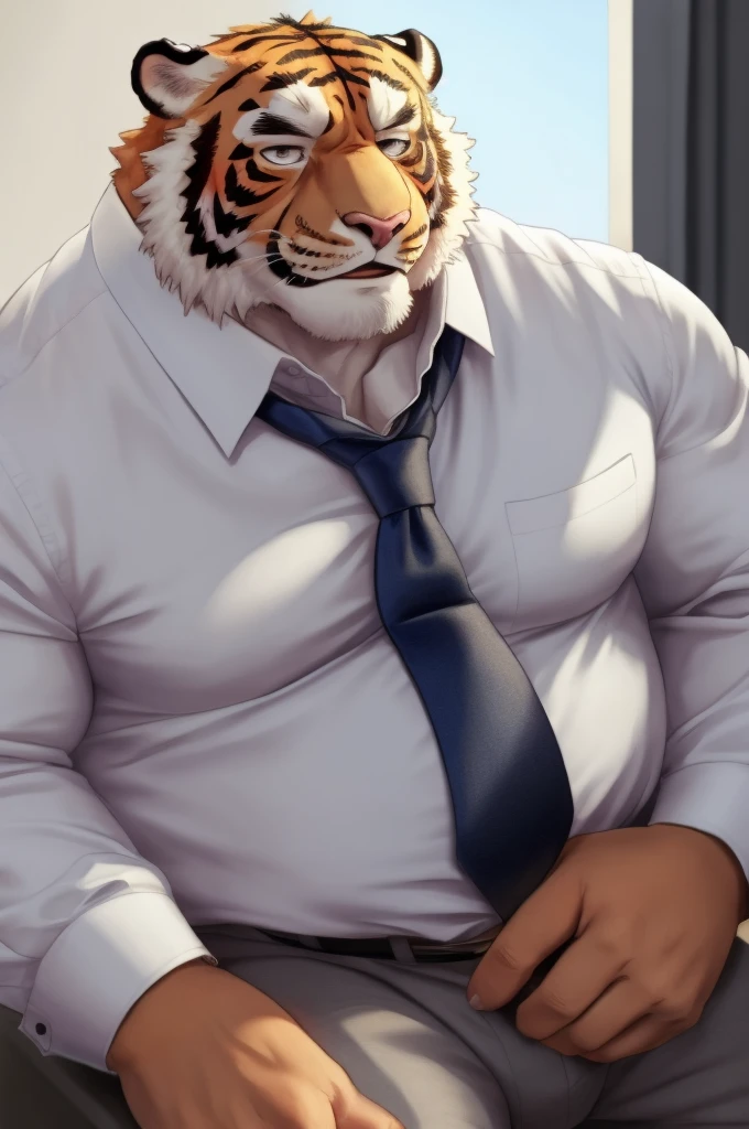 Author: bontiage, (1 boy), One, tiger, Erect penis, masturbation, cum, sweat, open pants, long sleeve plain shirt, necktie, Men's Second, kemono, hot body, muscle, Beautiful, sexual, Attractive guy, (Detailed black eyes), brows, (masterpiece, A high resolution, Best quality), 4K, a male, Beautiful shadow