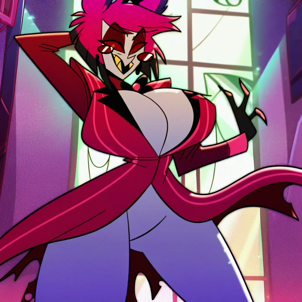 alastor, solo, 1girl, standing, (huge breasts and thighs:1.5), grey skin, red suit, monocle, BREAK, score_9, score_8_up, screencap, (((lighting on body)))