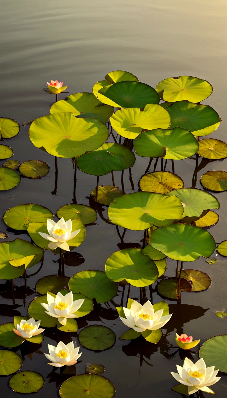 lotus, Green Stem, Silt emerges from the water, Golden Light, Buddha's Light Shines, Ultra HD, Retina, masterpiece, precise, Super Detail, High Detail, high quality, high resolution, 16K