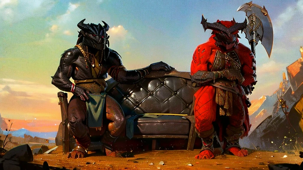 black dragonborn, solo, male focus, standing, barbarian clothes, horns, dreads, red eyes, greataxe, gothic, ((masterpiece, best quality))