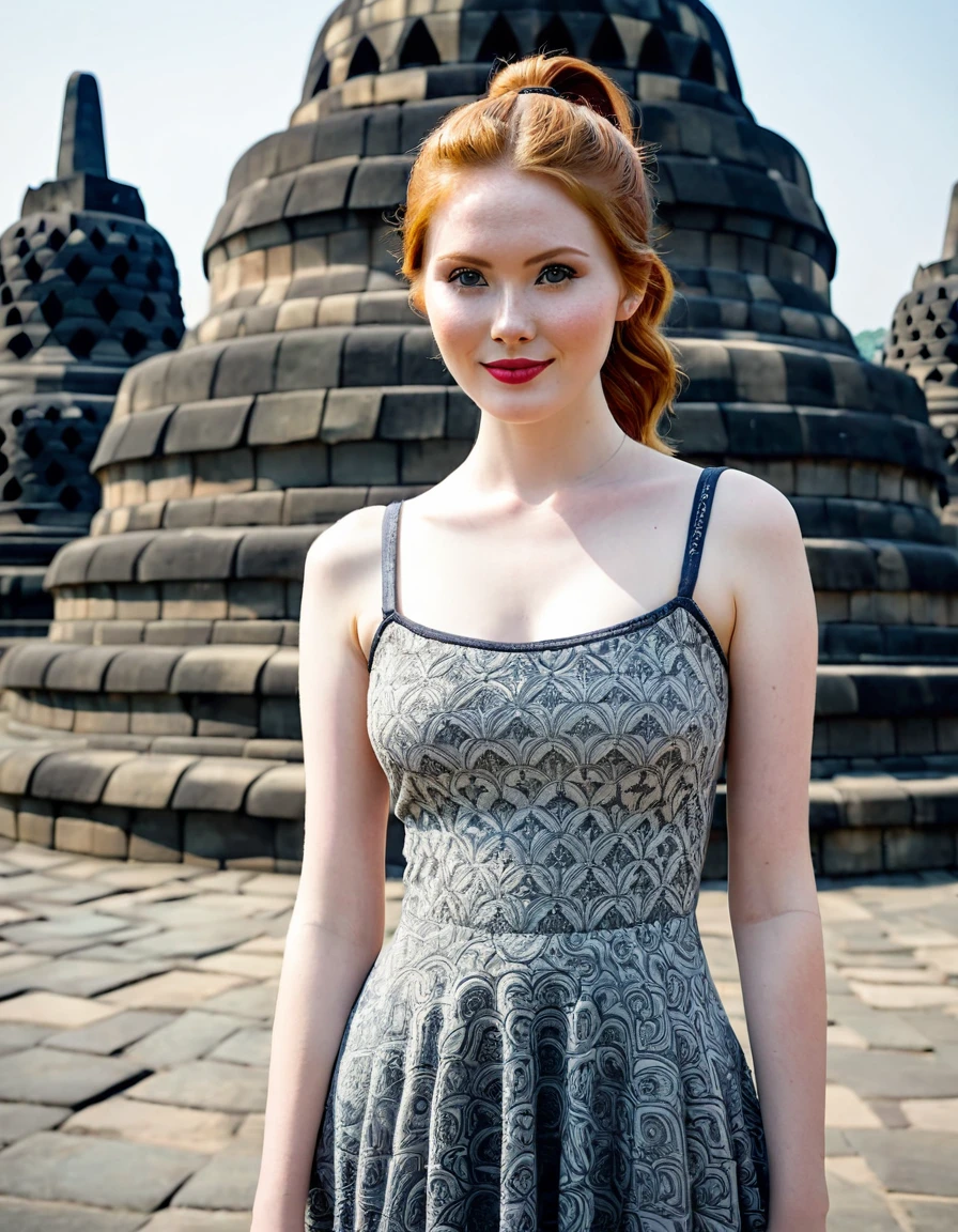 photography full body portrait of very beautiful realistic girl, standing in front of Borobudur temple, porcelain skin, very fair skin, very pale skin, redhead, wavy, ponytail, very detail skin texture, hazel eyes, slanted eyes, small nose, small nostril, think curved eyebrow, thick bottom lip, seductive gaze, happy face, unique face, wear casual dress, detail photo, realistic photo, master piece picture, sharp picture, outdoor clear daylight, Borobudur temple background