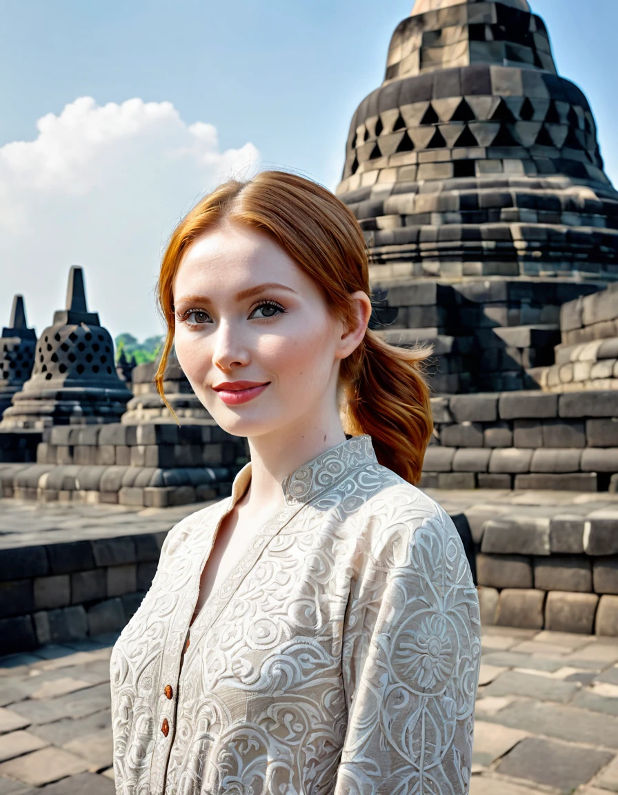photography full body portrait of very beautiful realistic girl, standing in front of Borobudur temple, porcelain skin, very fair skin, very pale skin, redhead, wavy, ponytail, very detail skin texture, hazel eyes, slanted eyes, small nose, small nostril, think curved eyebrow, thick bottom lip, seductive gaze, happy face, unique face, wear casual dress, detail photo, realistic photo, master piece picture, sharp picture, outdoor clear daylight, Borobudur temple background