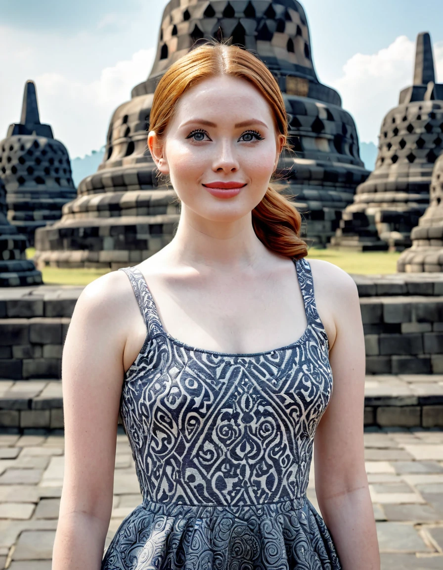 photography full body portrait of very beautiful realistic girl, standing in front of Borobudur temple, porcelain skin, very fair skin, very pale skin, redhead, wavy, ponytail, very detail skin texture, hazel eyes, slanted eyes, small nose, small nostril, think curved eyebrow, thick bottom lip, seductive gaze, happy face, unique face, wear casual dress, detail photo, realistic photo, master piece picture, sharp picture, outdoor clear daylight, Borobudur temple background