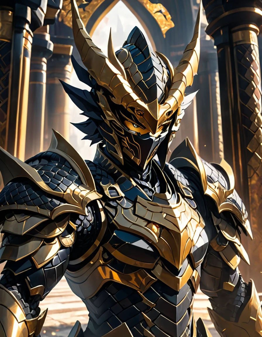 An epic closeup of the dark fighter, looking at the viewer, (alone), light full body armor, (The armor covers the entire body), negro, golden edges, Dragon Eye Inlaid Armor, combat pose, full body shot, in a temple in the background, anime screencap, Masterpiece, The best quality, high detail, high resolution, UHD, 4k, 8k