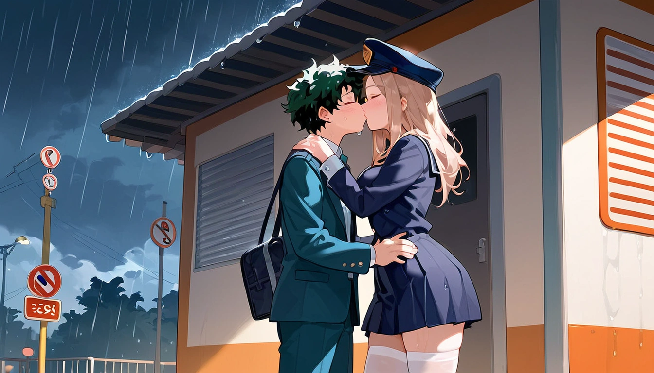 anime artwork, score_9, score_8_up, score_7_up, score_6_up, score_5_up, score_4_up, r,Camie Utsushimi, light brown hair, dark brown eyes,, breasts, , big breasts,  (school uniform:1.2), standing, cap, she is 24 years old,   wet whirt, ,horny, , , white stockings,  style_3, 1boy, Izuku Midoriya,  kissing, at the bus stop, outdoors, raining,  blush, wet, dark atmoshpere,  closed eyes, They are completely soaked, evening, gaps in the clouds, his hands on her hips