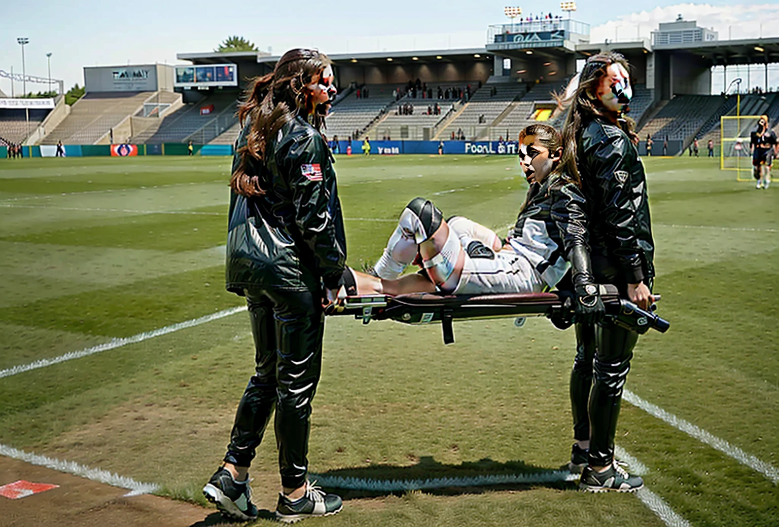 black shiny down jackets, shiny down jackets, there are longhaired woman who are wearing very high-gloss and waterproof puffy jackets and shiny leather pants, the women are carrying a stretcher in a sports stadium, on the stretcher there is lying a young Caucasian football player, the football player is wearing a white short-sleeved shirt and white shorts, the soccer player is lying on his back on the stretcher and is covering his face with both hands, the women are angry and are shouting out loud, the women are frightened and are looking very concerned, the woman are in love with the soccer player, the women are carrying the stretcher out of the soccer field, the sports field in the background is a soccer field with a large visitors' stand, a soccer match is playing in the background, dramatic action pose, dramatic suffering pose, accident scene, first-aid-scene, theatralic pity poses