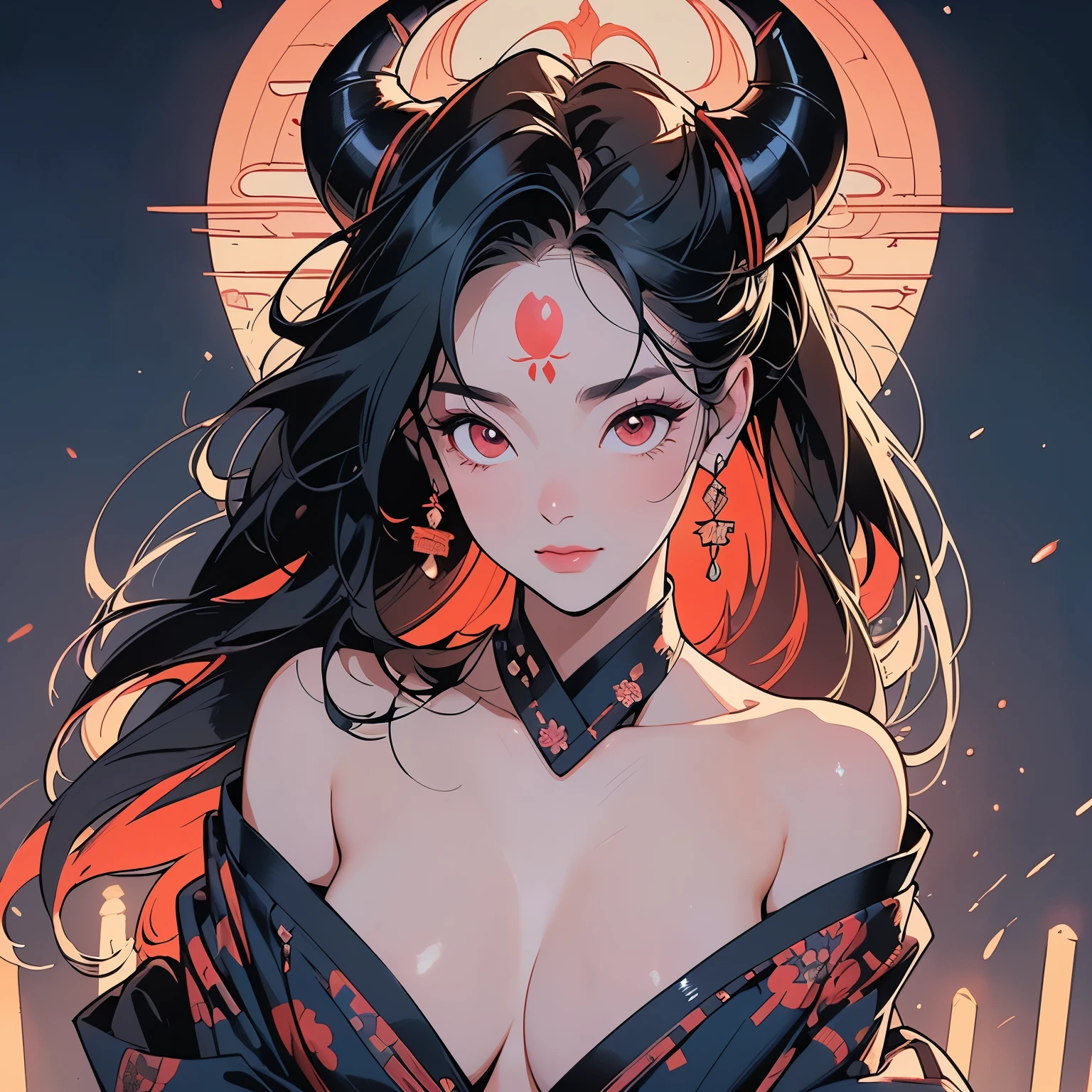 ultra complicated kimono, perfect kimono, detailed kimono, masterpiece, ultra complicated, torii gate, night view, forest, lake, one woman, perfect face, lantern, faint lighting, mysterious, (((head shot))), ultra detailed hair, sparkling eyes, mysterious, colorful sash, wind blowing,panorama, long shot, ultra complicated background, (((demon beauty woman))), red eyes, (((ultra complicated perfect long devil horns))), (((ultra complicated large perfect twisted horns))), 32k, Various angles, various poses, (((perfect face))),(((Perfect and detailed fox spirit))),(((Sanskrit characters on the forehead))),(((have a glimpse of one's chest))), (((prostitute))),(((Shoulders and chest exposed)))