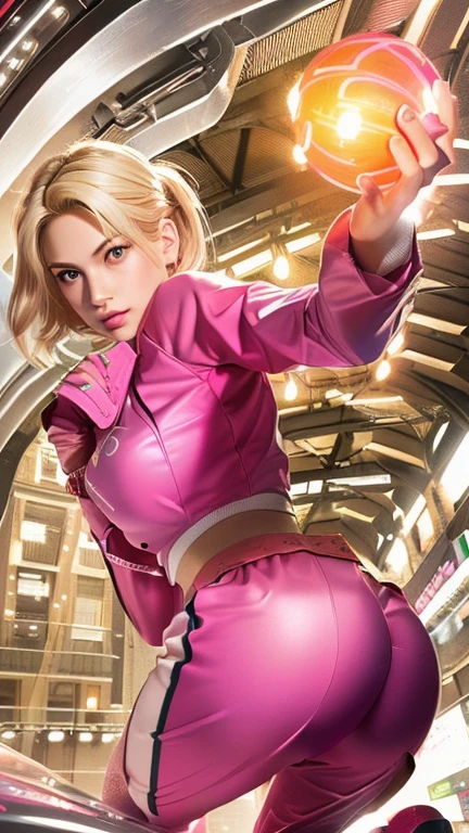 girl in pink outfit holding a dragon ball in her hand, android 18, annie leonhart, betty cooper, looking like annie leonhart, annie leonhart in a neon city, artgerm style, high quality colored sketch, highly detailed exquisite fanart, hq artwork, artgerm comic, gwen stacy, range murata and artgerm