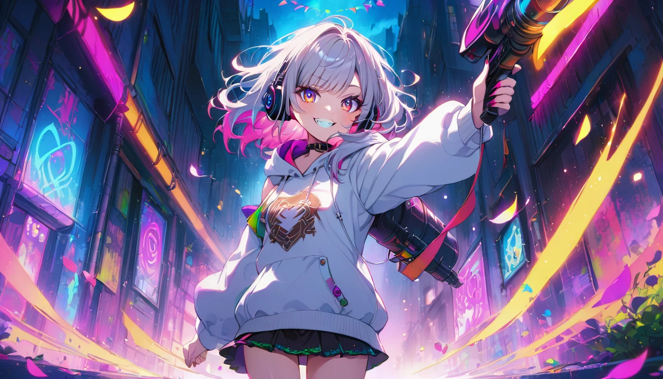 ((Masterpiece)), ((best quality)), (Anime:1.3), (super detail:1.2), (High Definition:1.3), (Professional Photography:1.3), cute young Girl, (holding a toy Rocket launcher), Glossy unruly hair, (loose swept bangs), (silver ash hair), medium hair, big eyes, (Eye bags:1.3), (Long eyelashes), colorful eyes, (evil smile and blush), Glossy lips, (jagged teeth), farewell, (white hoodie with oversized), (black mini skirt), barearms, cute, (colorful:1.3), gothic makeup, (wearing headphone), neon-lit, pretty, Celtic, maniac, gazing skyward, colorful petals dance around, at street,