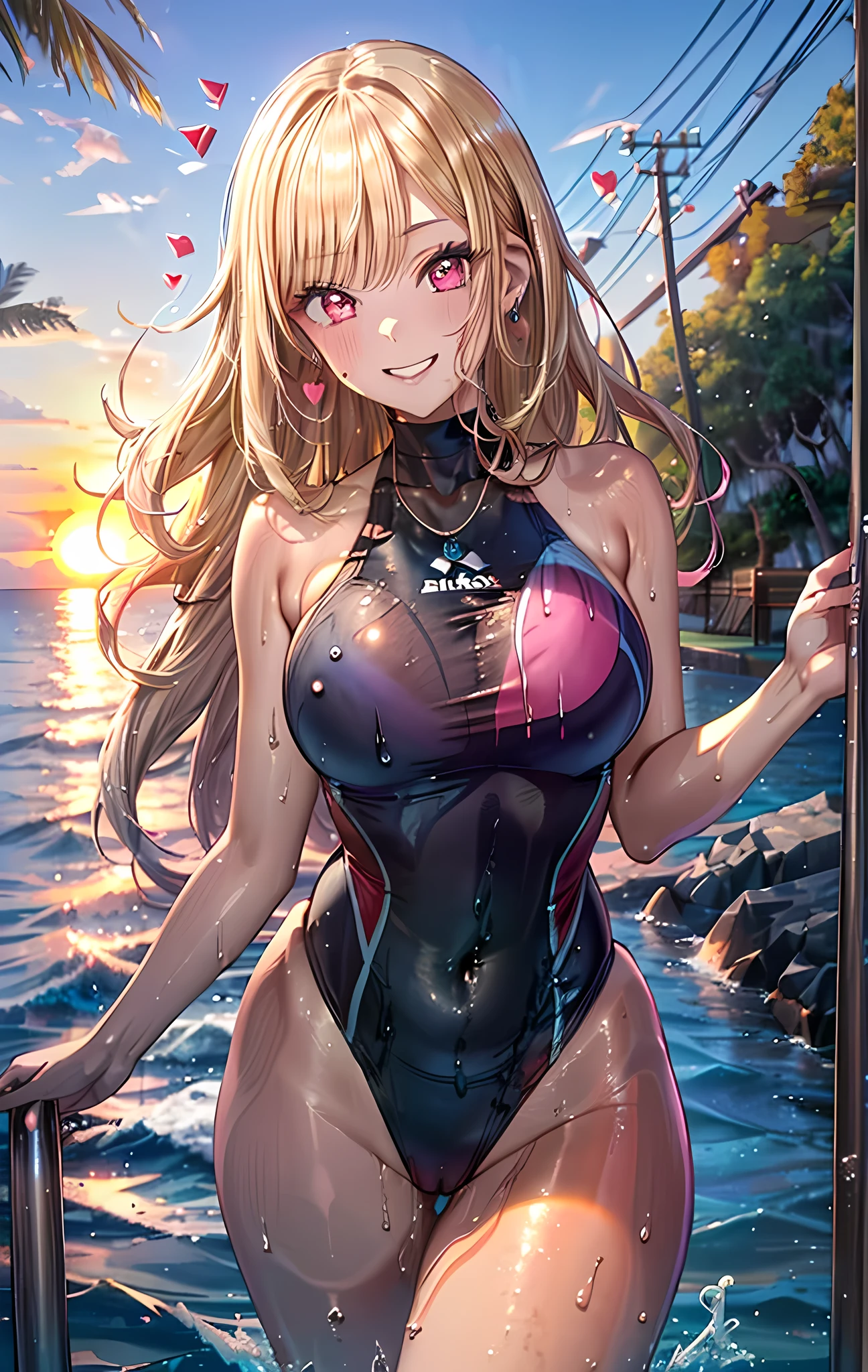 (masterpiece), (Highest quality), (High resolution, High Resolution), (Super detailed), (kitagawa marin:1.2), 1girl, (platinum blonde hair), (Very long hair with loose curls), Loosely swayed bangs, ((Hot pink mesh hair)), multicolored hair, (red eyes:1.2), Detailed pupil, Earrings, Earrings, jewelry, necklace, ((Detailed face)), (very cute expression), (A sloppy smile:1.2), Open your mouth wide and grin, ((White-toned metallic white competitive swimwear)), ((A white dress with a metallic white base_Swimwear)), (wearing only a competitive swimsuit), Wet with sweat, (tan skin:1.2),A lively 15-year-old gal, B86, W58,H85, Model Body Type, Very beautiful proportions, Gravure model photography, Depth of written boundary, (Perfect Anatomy), bare hands, armpits, (Show your armpits), Tempting, (Heart effect:1.3), absurdes, one-piece_swimsuit, (Vulva Shape), , Close-up, Bare shoulders, Sleeveless, nicebeach, Everything except the subject is the sea and sky, ((Beautiful ocean with the setting sun reflected on the waves)), (Walking on seawater), I can see the horizon and the sky, The subject is in the center of the screen, 