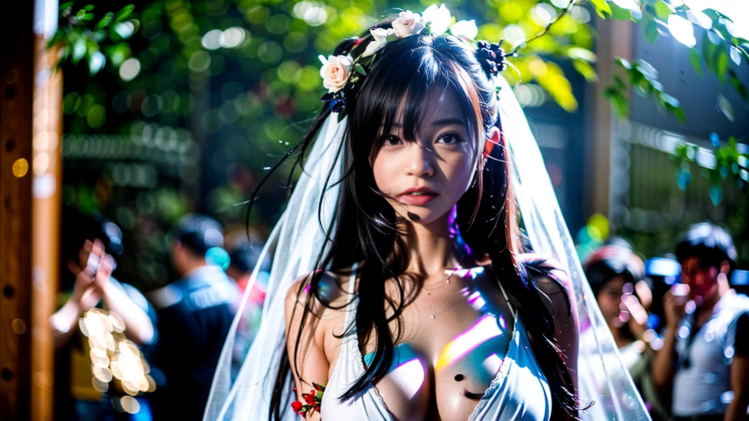 look up, 8K, masterpiece, Most detailed, Highest quality,, create a sense of fit, Cute Girls,Side Tail, (Wet),Sun light,((wedding)),pubic hair,Veil,(((bride))),((show off)),(ふっくらとしたNipples),Ecstatic expression,Outdoor,White lace,Nipples,Ample breasts,Saggy breasts,Hime cut,One female,Glowing Skin